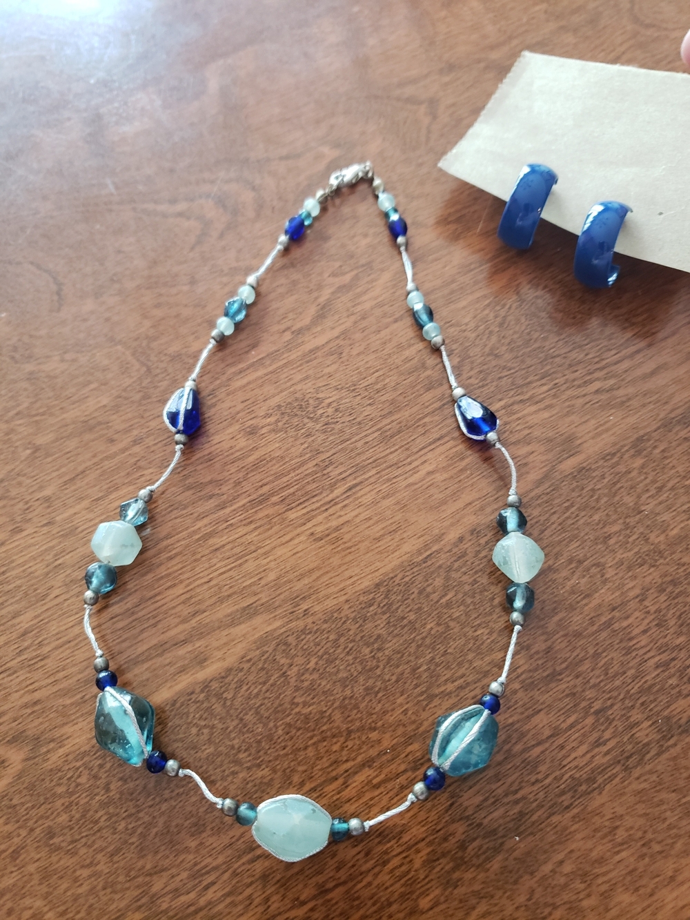 Blue Glass Beaded Necklace & Coordinating Royal Blue Hoop Earrings (Set Of 2)
